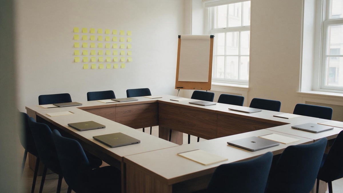 Vorbereiteter Workshopraum mit Flipchart und Haftnotizen