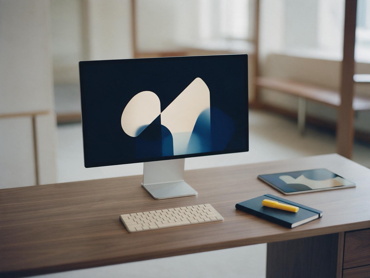 Moderner Arbeitsplatz in einer Kanzlei mit Monitor, Tablet und Notizbuch