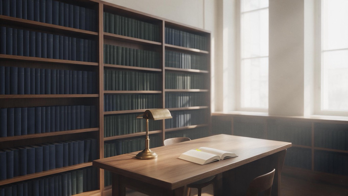 Fachbibliothek mit hohen Regalen und Lesetisch